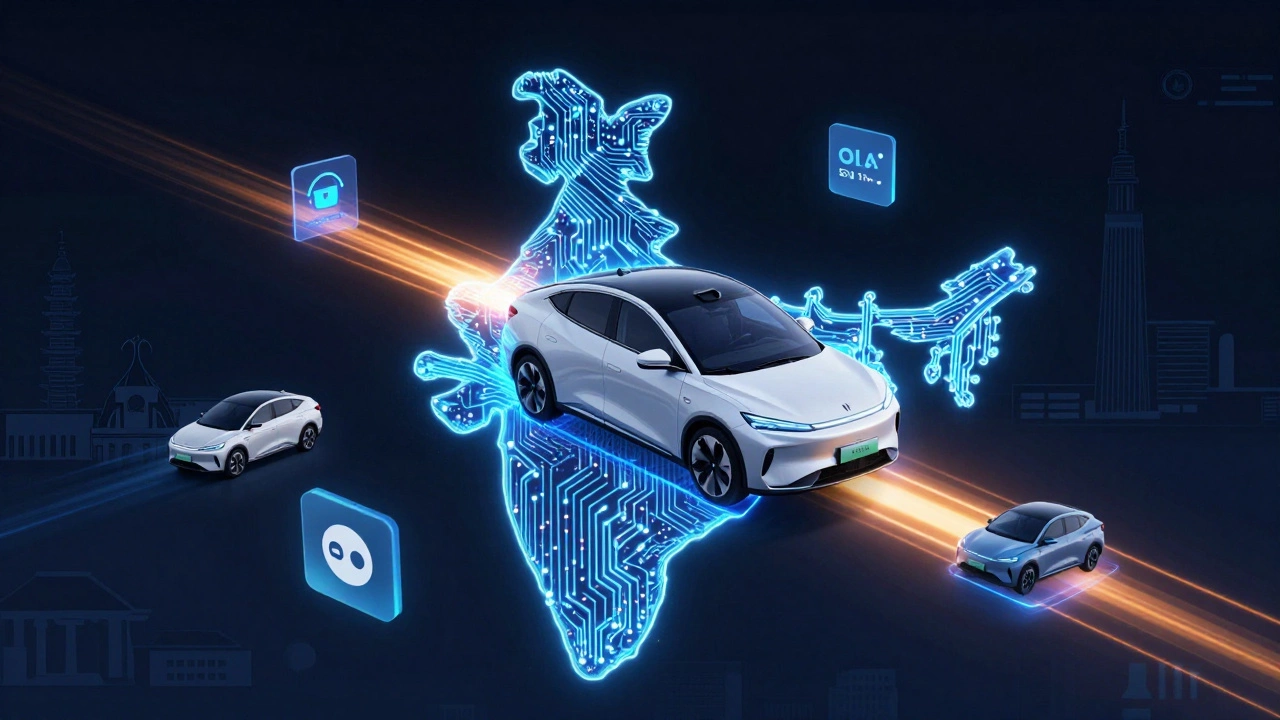 Futuristic Indian electric car emerging from a circuit board shaped like India, with prototype icons floating around.