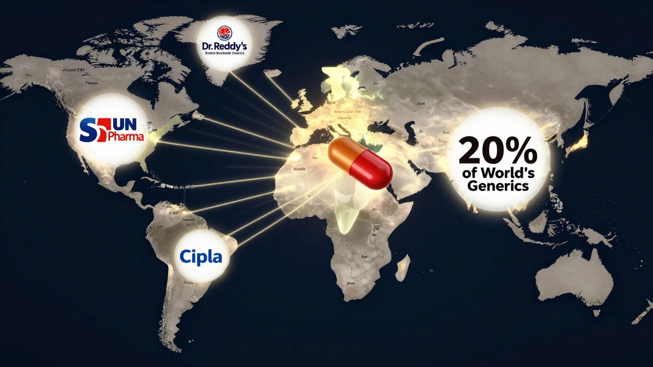 Global map showing India as the center of generic drug exports to the US, EU, and Africa.