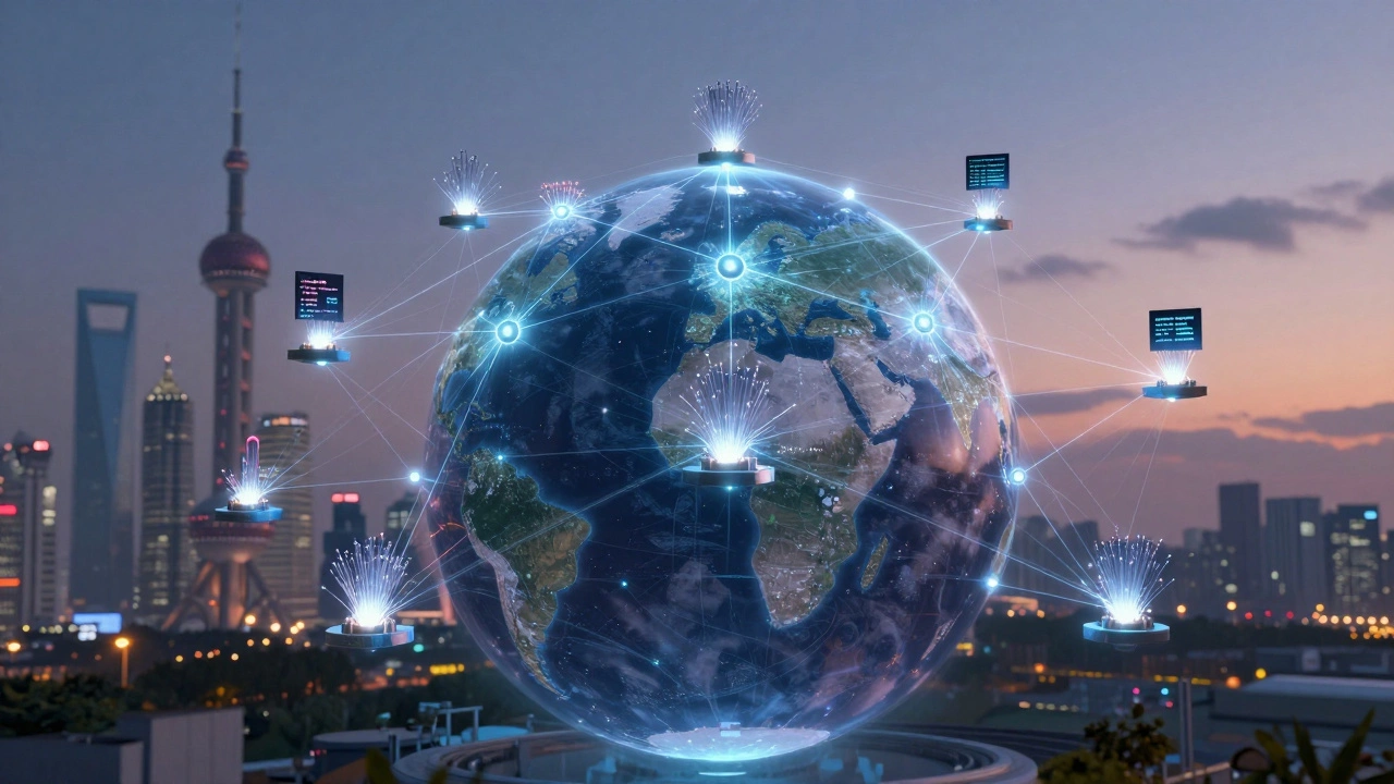 Global network of glowing factory nodes connected by data threads, with rotating globe showing distributed manufacturing hubs.