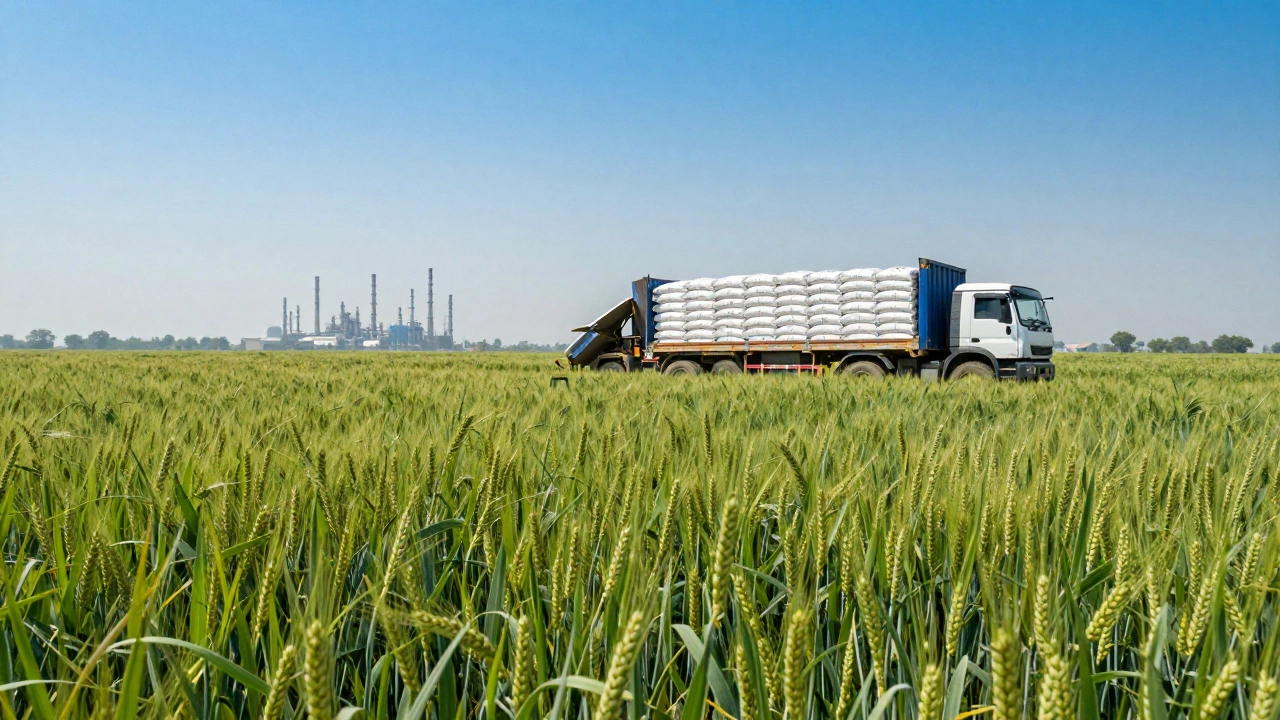 Green agricultural fields in Punjab with fertilizer transport truck and distant factory.