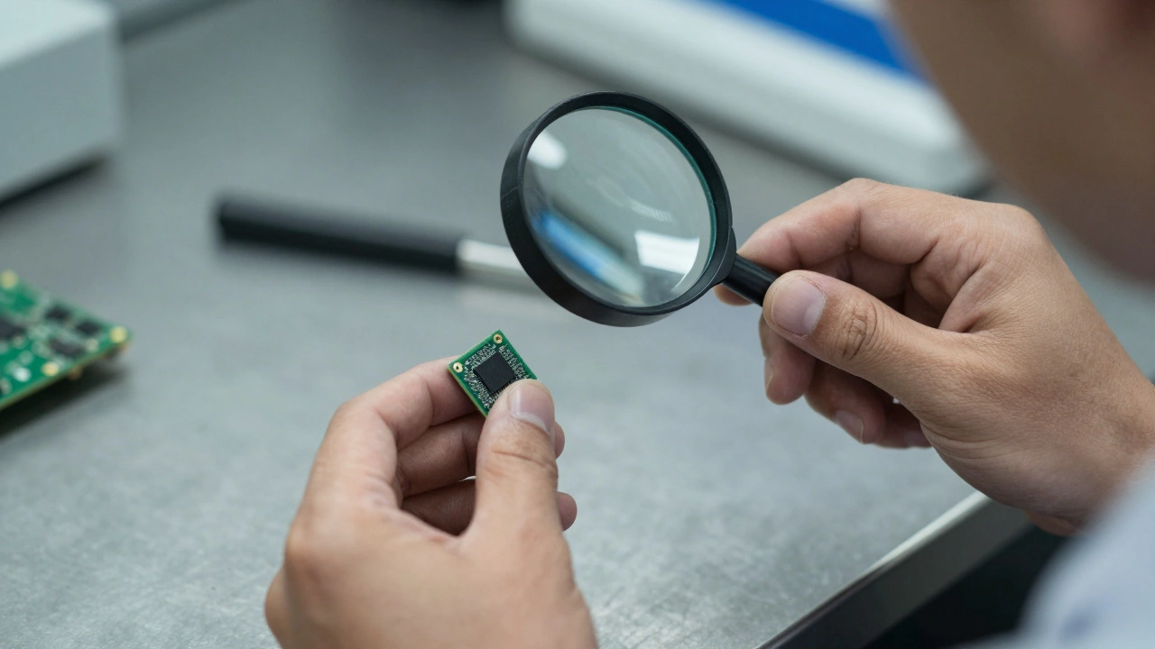 Hands inspecting a product component with magnifying glass
