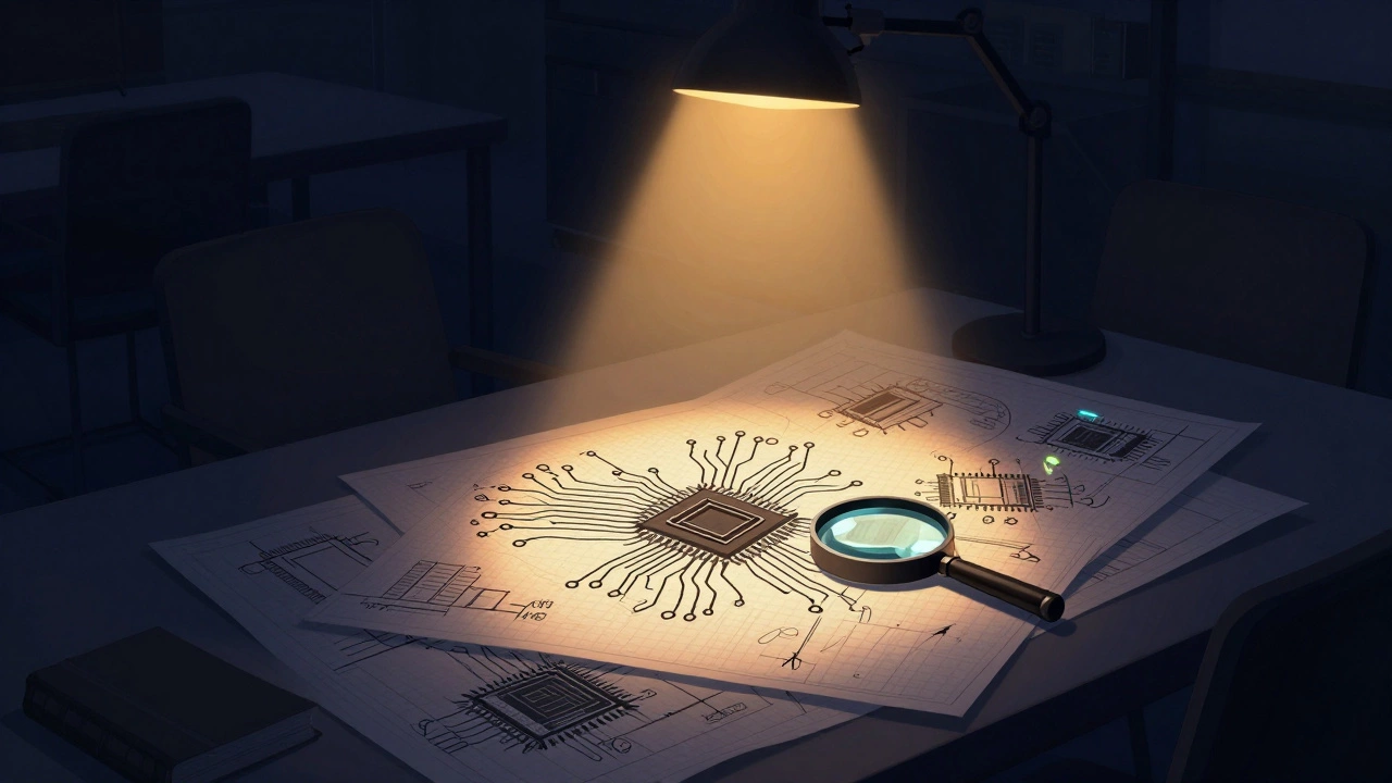 Illustration of engineering blueprints and tools under a spotlight