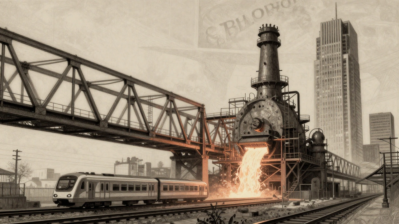 Modern steel structures subtly merged with the silhouette of a Bessemer converter, symbolizing industrial legacy.