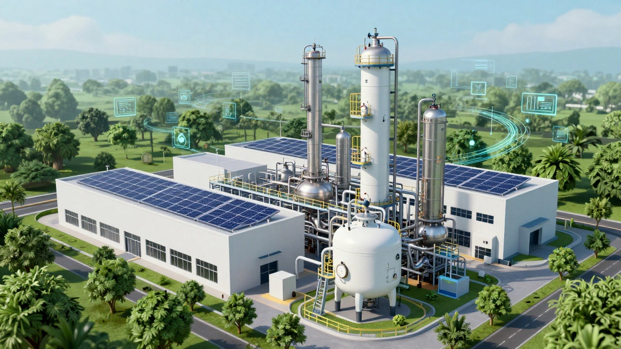 Modern sustainable chemical manufacturing facility with solar panels and greenery.
