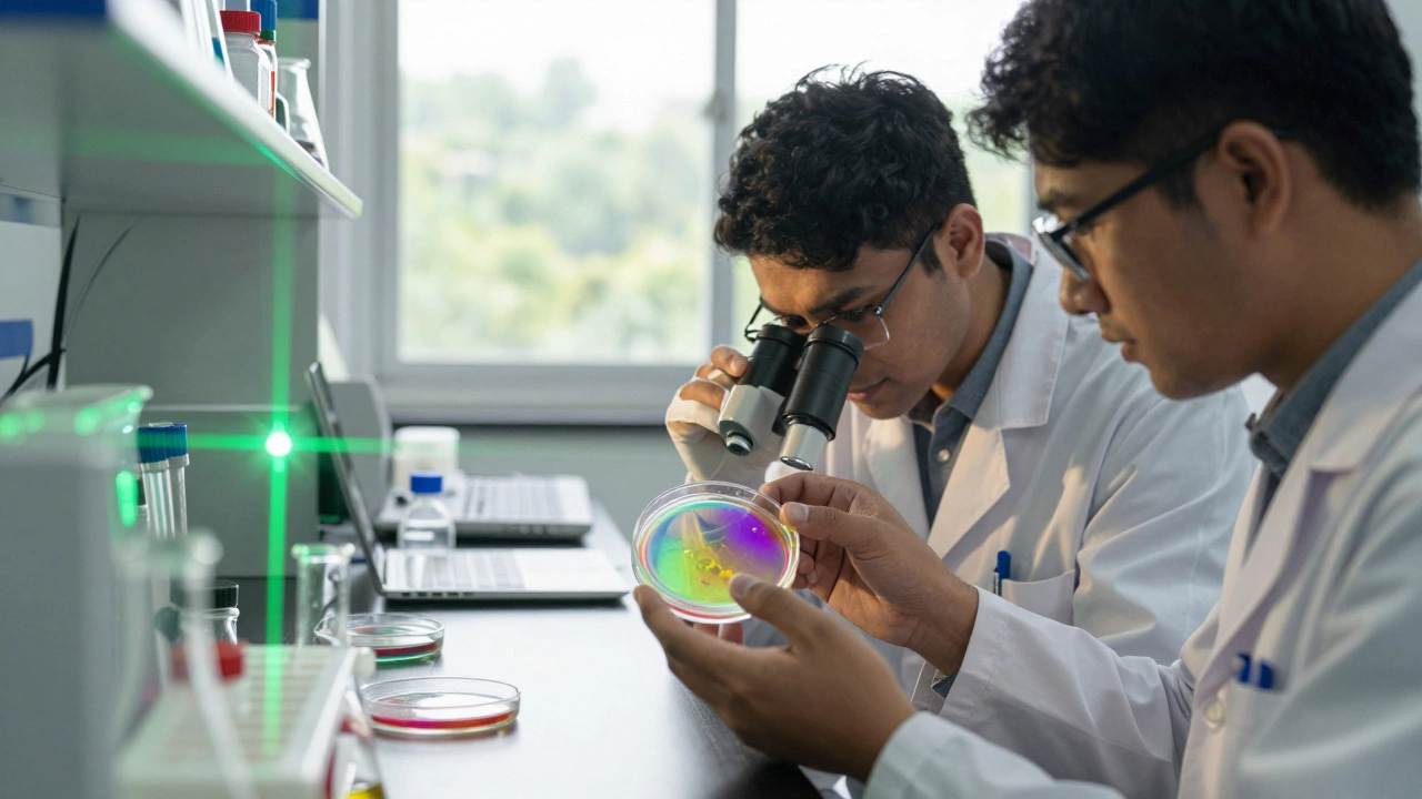 Researchers examining glowing chemical compounds in a laboratory setting