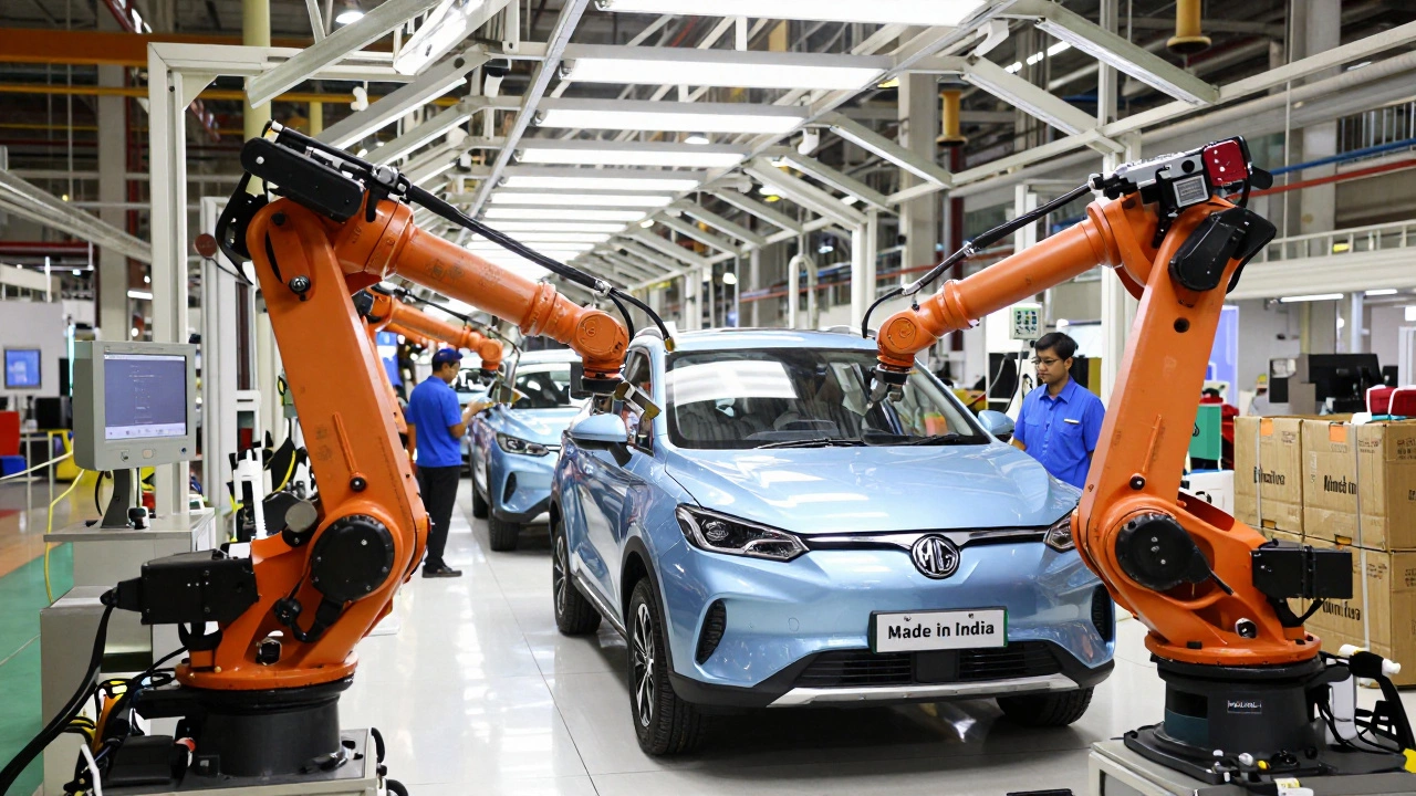 Robotic assembly line at an Indian car plant producing MG ZS EV with workers monitoring the process.