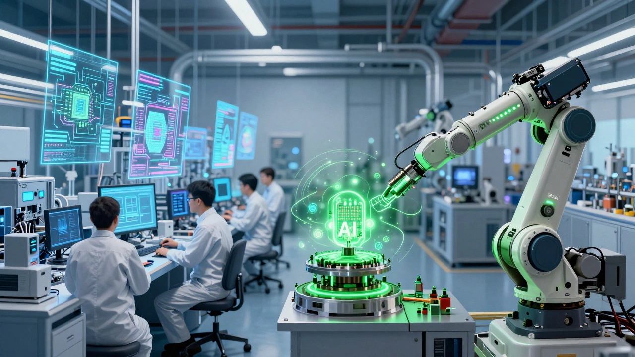 Split illustration: U.S. semiconductor cleanroom with holographic data on left, German AI-connected robot on right.