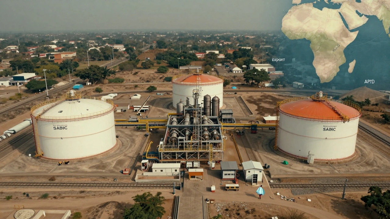 Three major Indian plastic production facilities with export routes shown on a map, under a hazy sky with a lone figure in the distance.