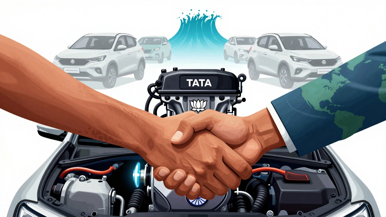 Two hands clasping over a hybrid Tata-Mahindra engine with Indian motifs, while Maruti cars fade away and EVs rise toward the horizon.