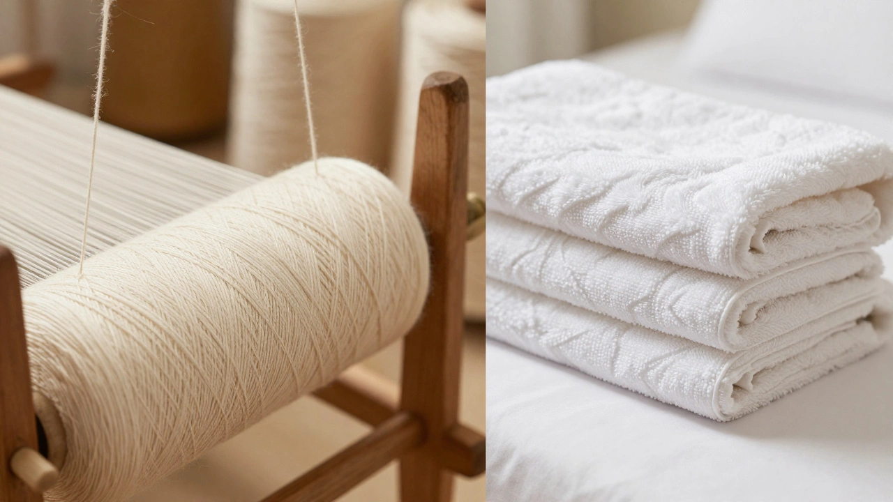 Close-up of cotton yarn spinning and luxury home textile linens.