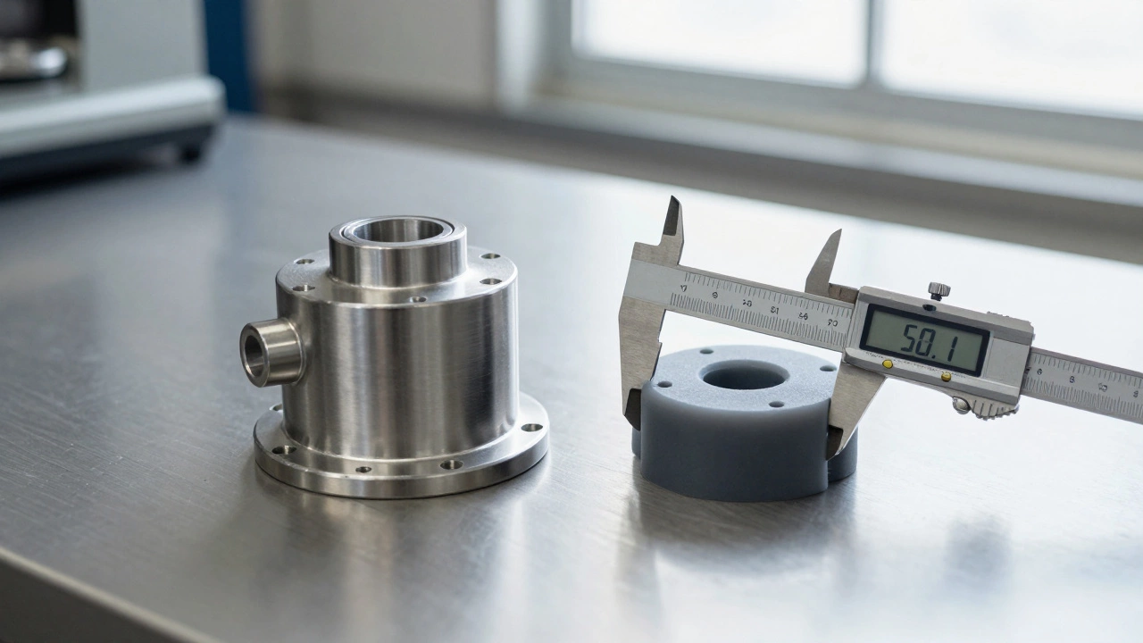 Comparison of a stainless steel part and a high-grade polymer part on an industrial workbench.