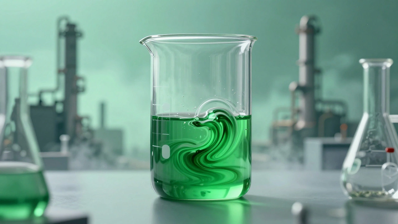 Conceptual art of a green chemical beaker symbolizing sustainable industry
