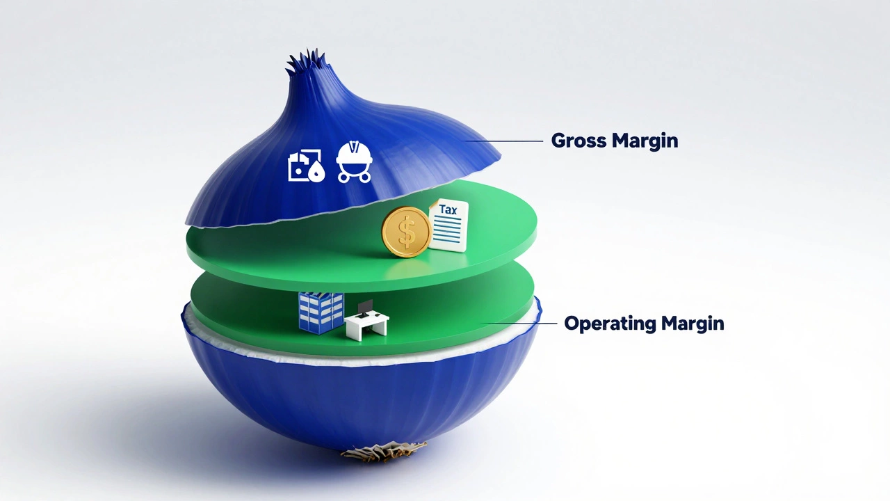 Conceptual illustration of an onion peeling to show gross, operating, and net profit margins.