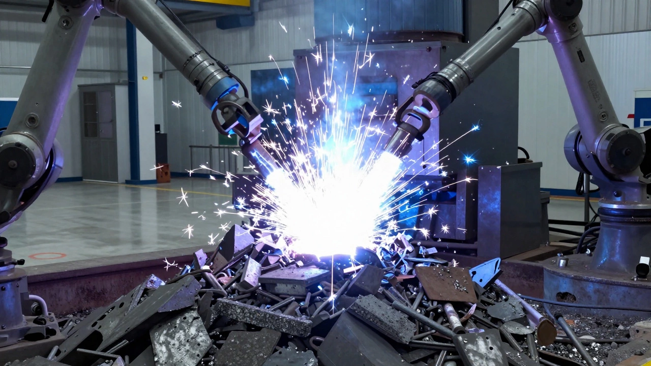 Electric Arc Furnace melting recycled steel scrap with bright electrical arcs