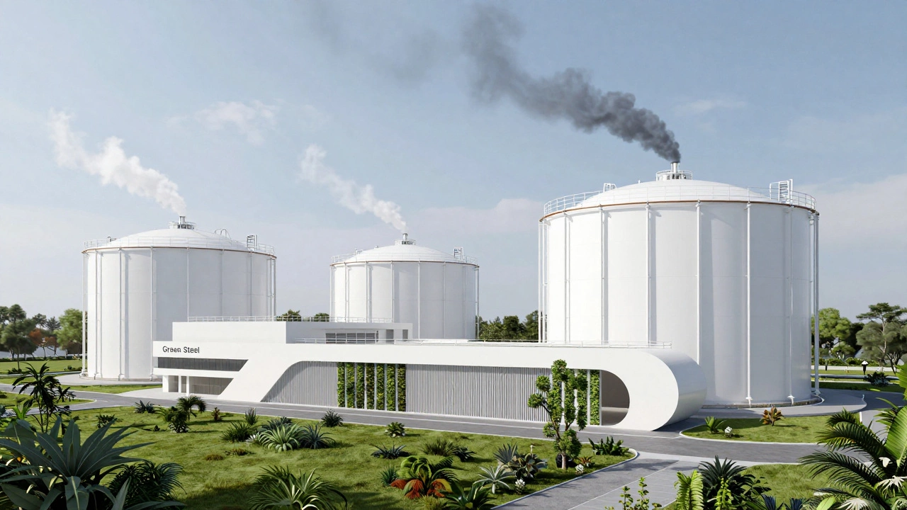 Futuristic green steel mill with hydrogen technology and surrounding greenery