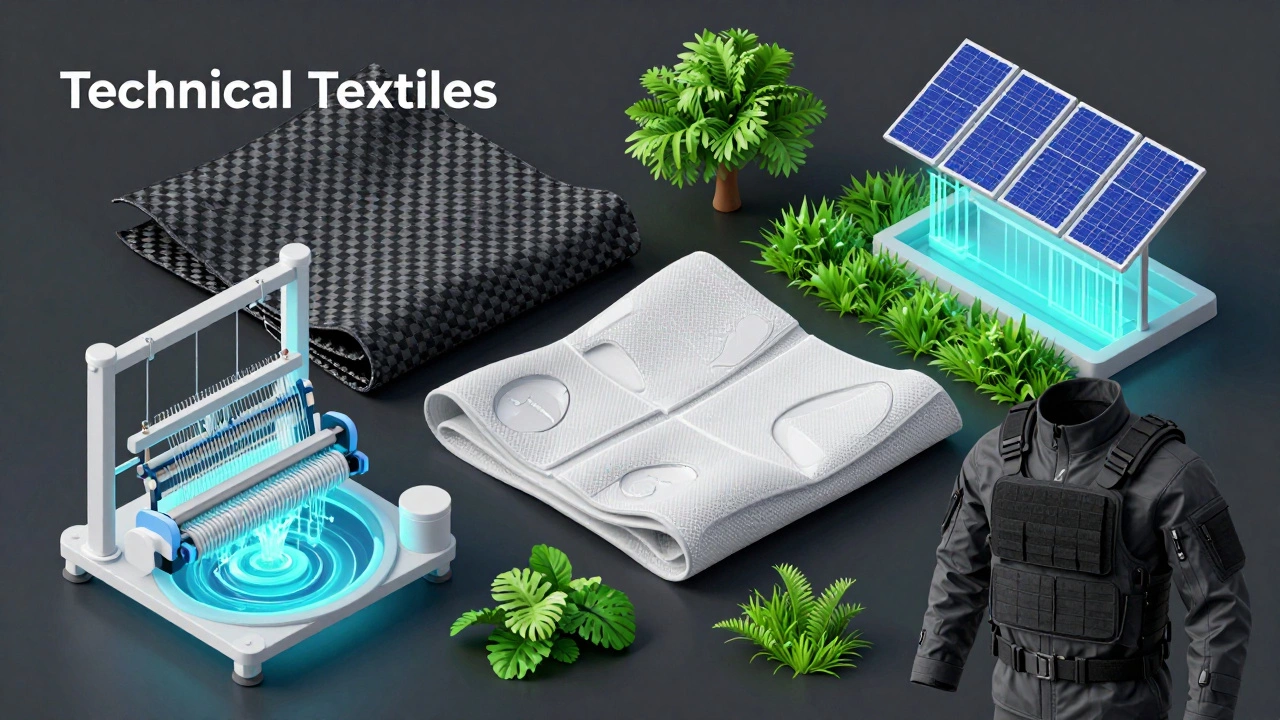 Futuristic technical textiles including carbon fiber and medical fabrics with green energy elements.