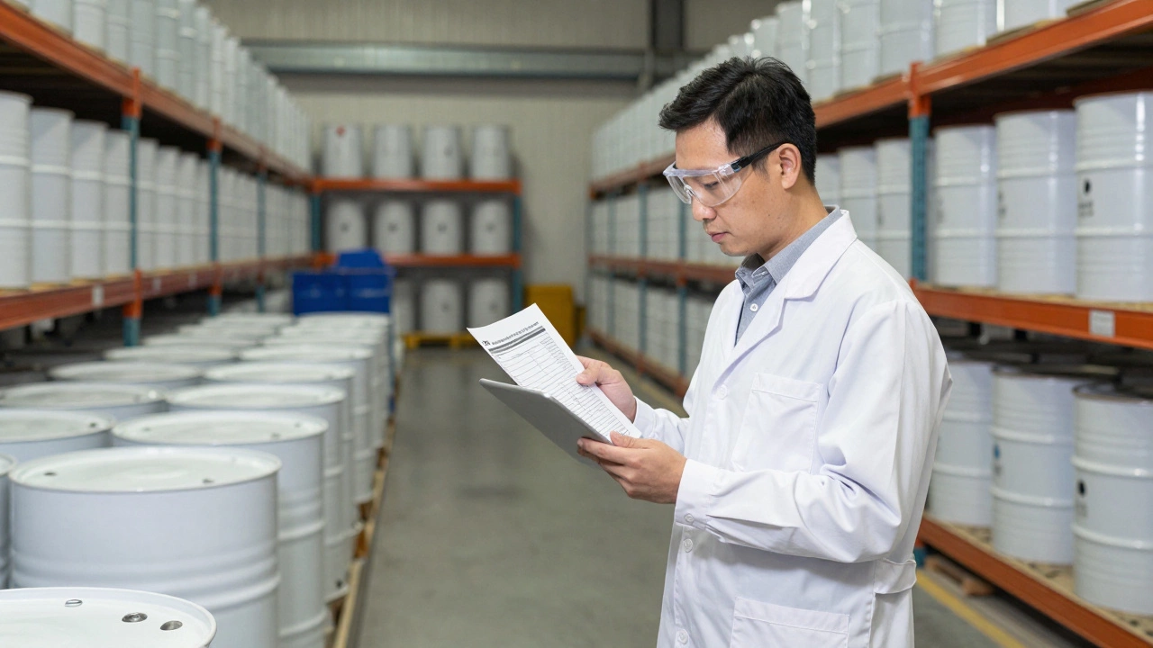 Quality inspector auditing chemical drums in an organized warehouse