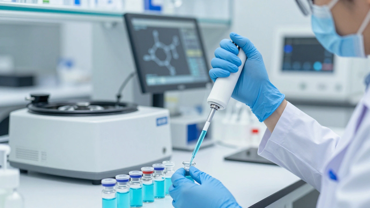 Scientist working with colorful chemical solutions in a high-tech pharmaceutical lab