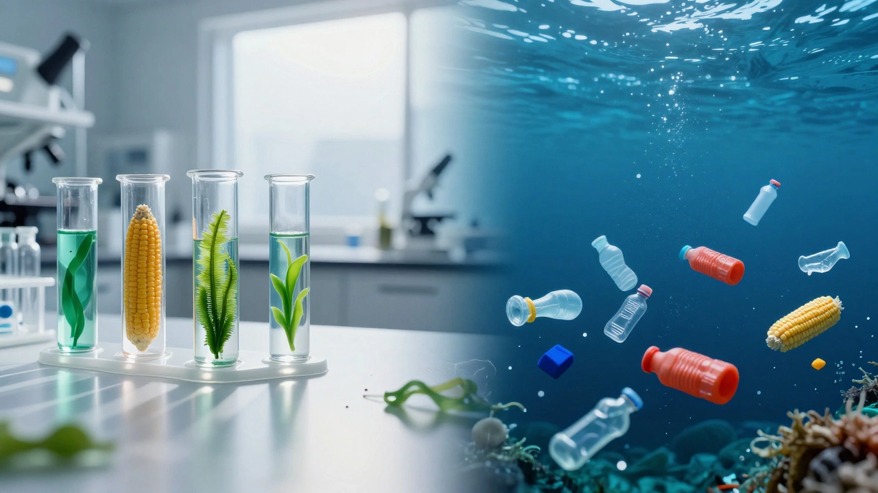 Split image of eco-friendly bioplastics in a lab and plastic waste in the ocean