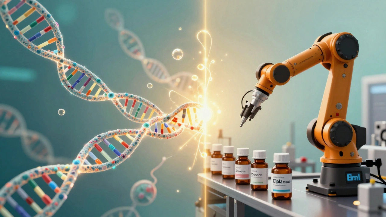 Abstract blend of DNA strands and pill manufacturing lines symbolizing pharma innovation