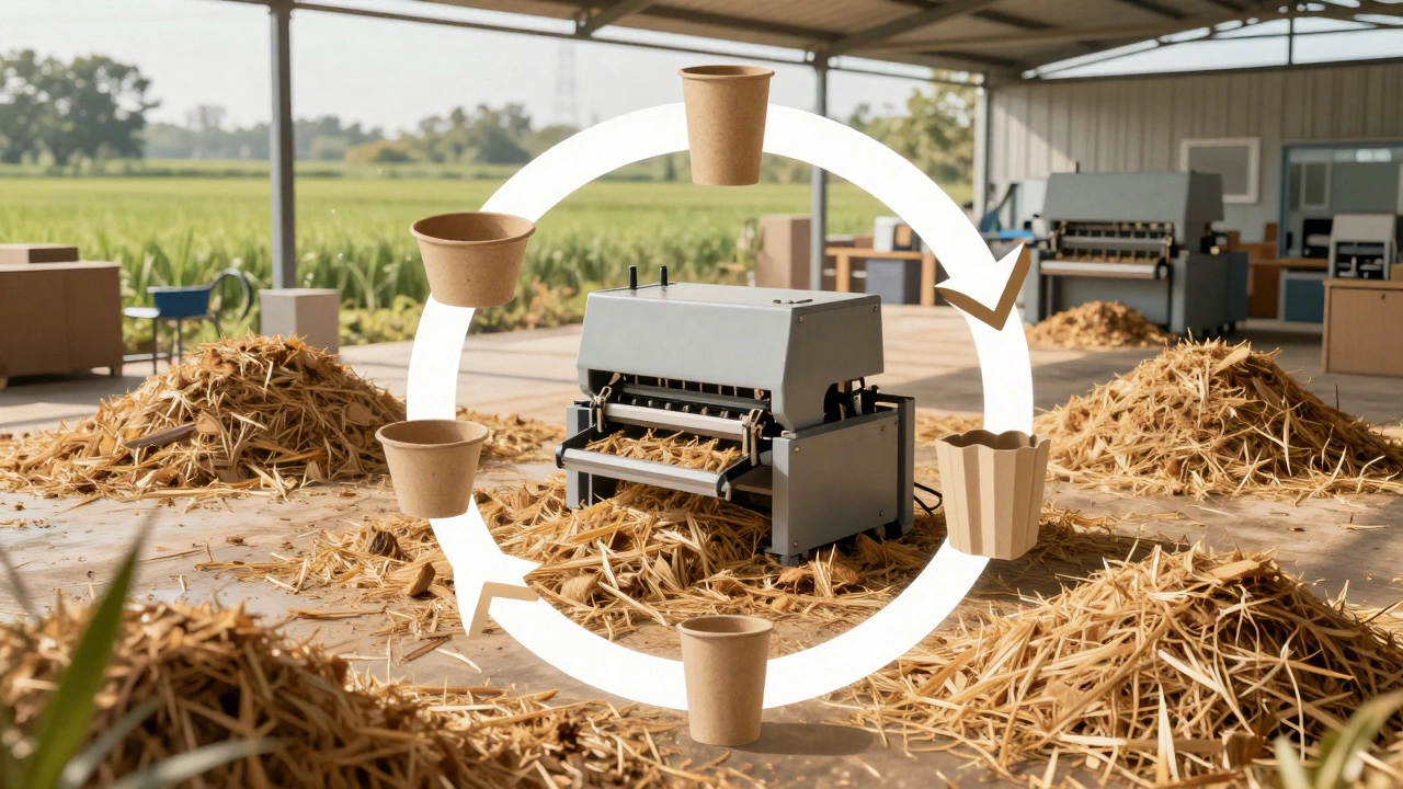 Biodegradable packaging made from agricultural waste like rice husks.
