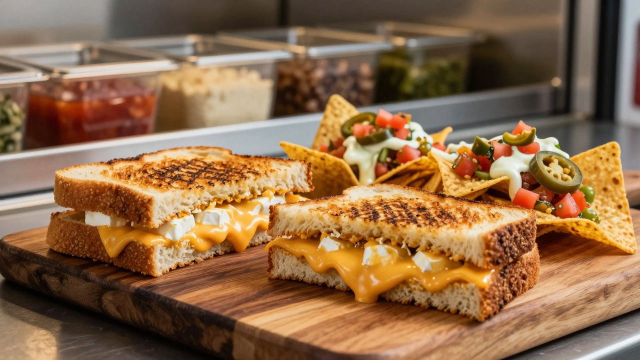 Close-up of gourmet grilled cheese and nachos highlighting fresh ingredients