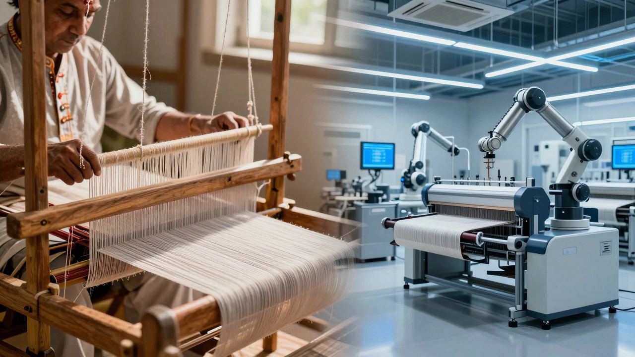 Conceptual blend of traditional handloom and modern automated textile factory