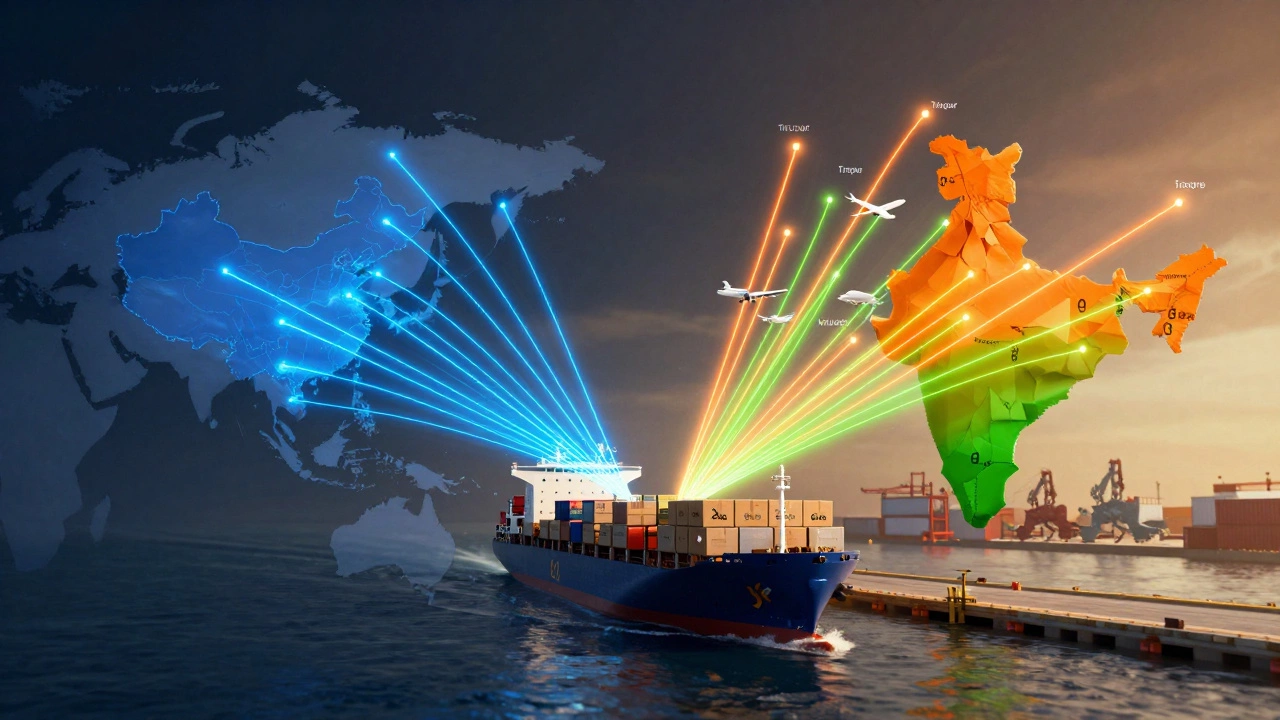 Conceptual map showing global supply chains shifting from China to India