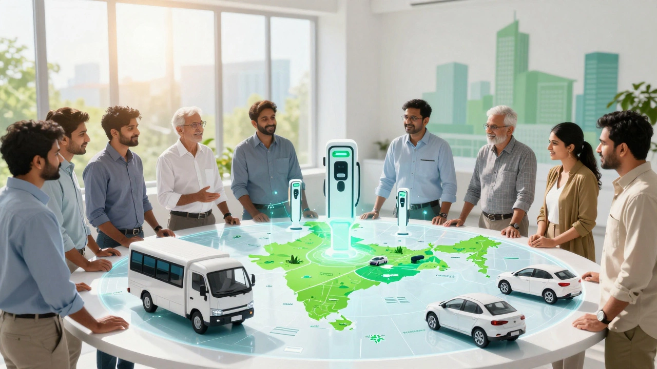 Engineers planning unified EV infrastructure and commercial vehicle strategies in a bright office