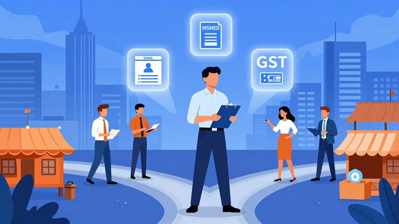 Entrepreneur reviewing business plans with floating icons of registrations