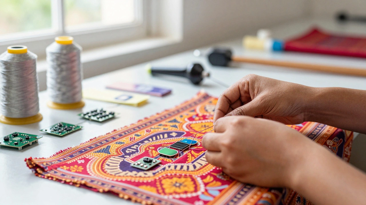 Hands integrating electronic sensors into smart textile fabric.