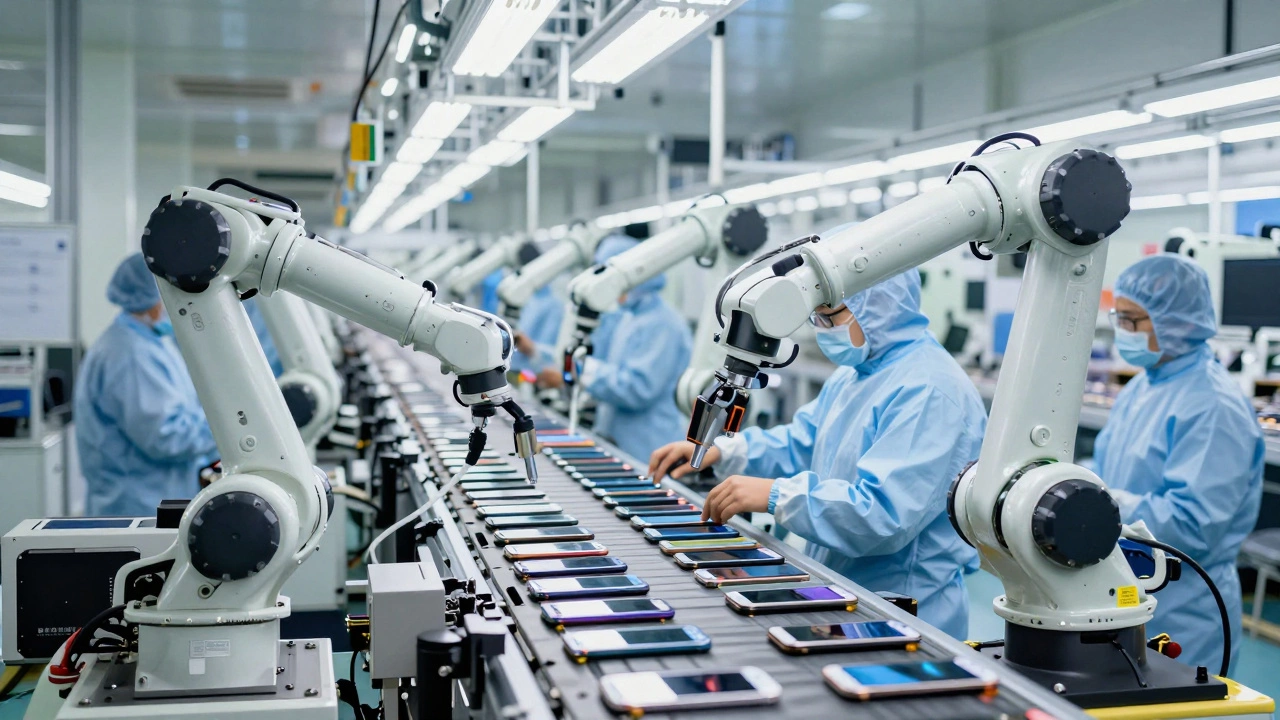 High-tech smartphone assembly line with robots and workers in an Indian factory