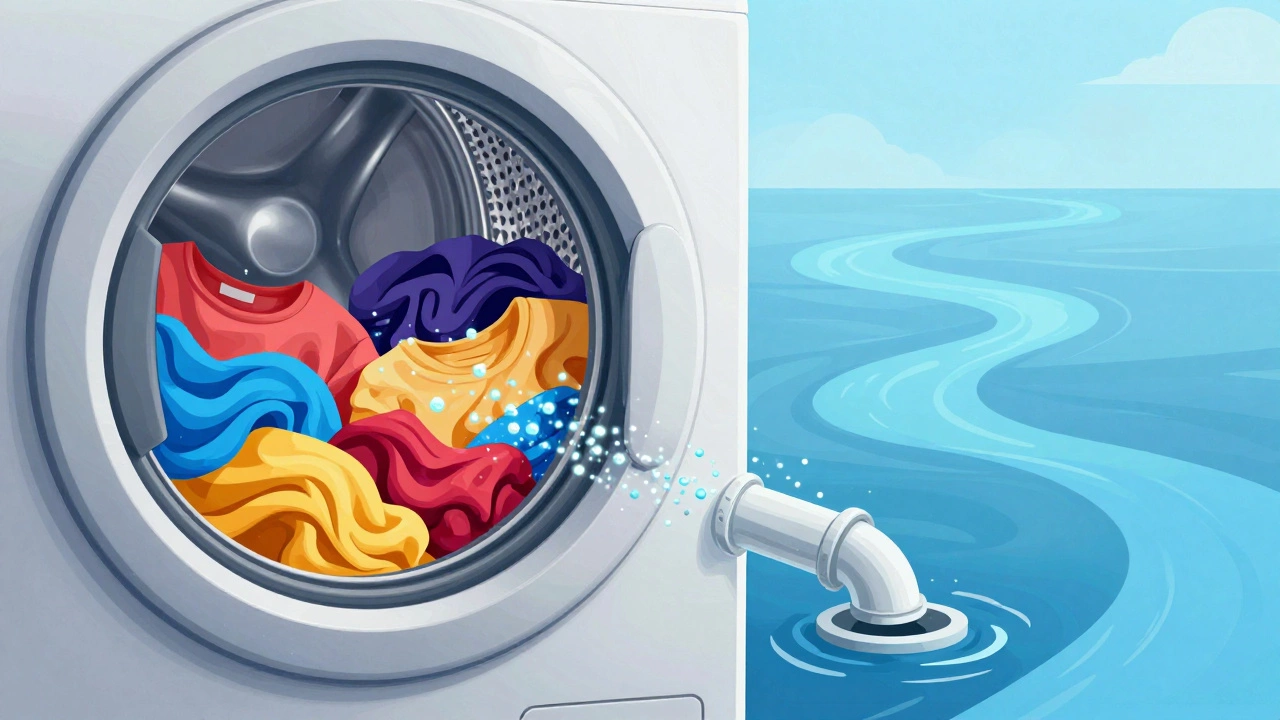 Microplastic fibers shedding from synthetic clothes in a washing machine, flowing into a drain.