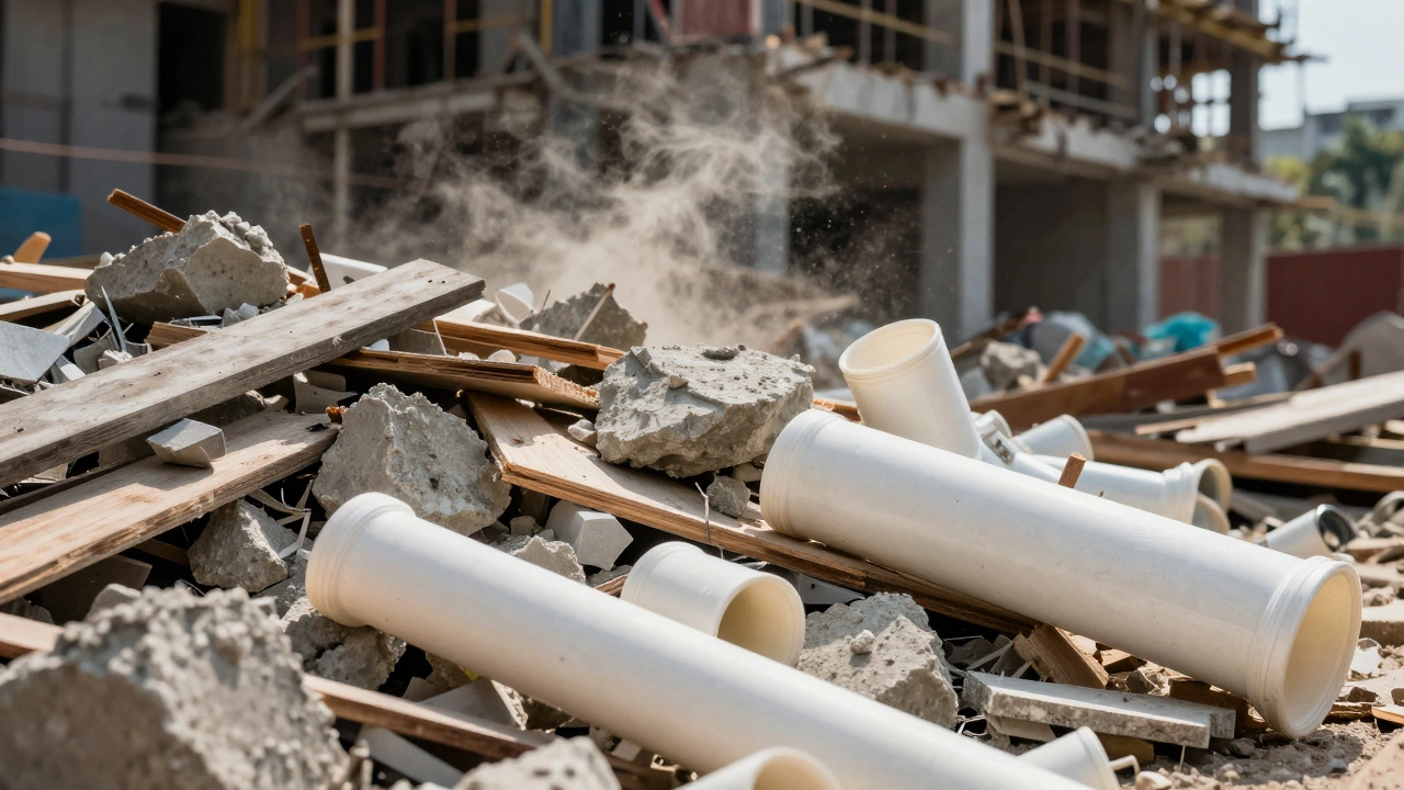 Pile of construction debris including PVC pipes and foam, highlighting hard-to-recycle plastic waste.