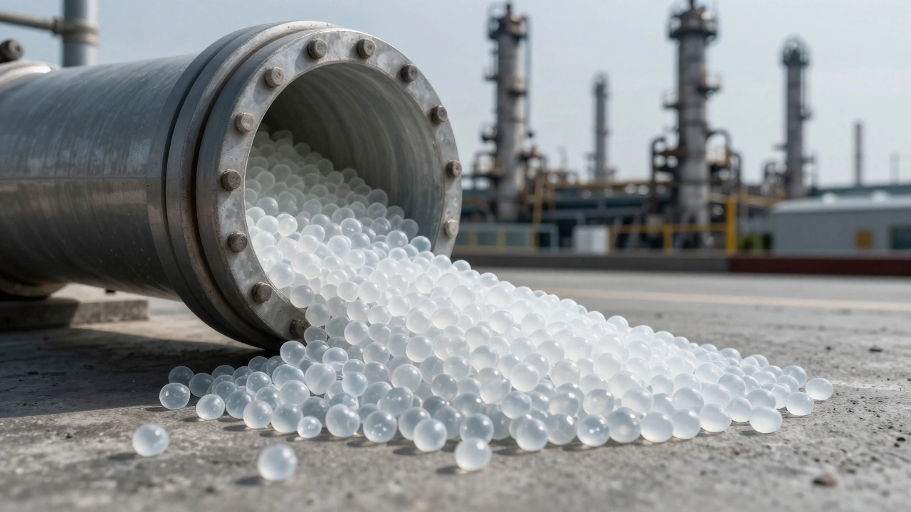 Plastic resin pellets spilling from an industrial pipe