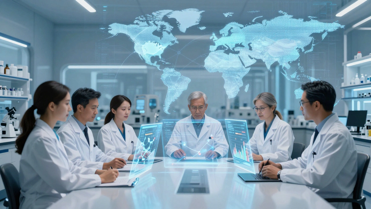 Scientists analyzing data in a high-tech lab with global connection maps in background