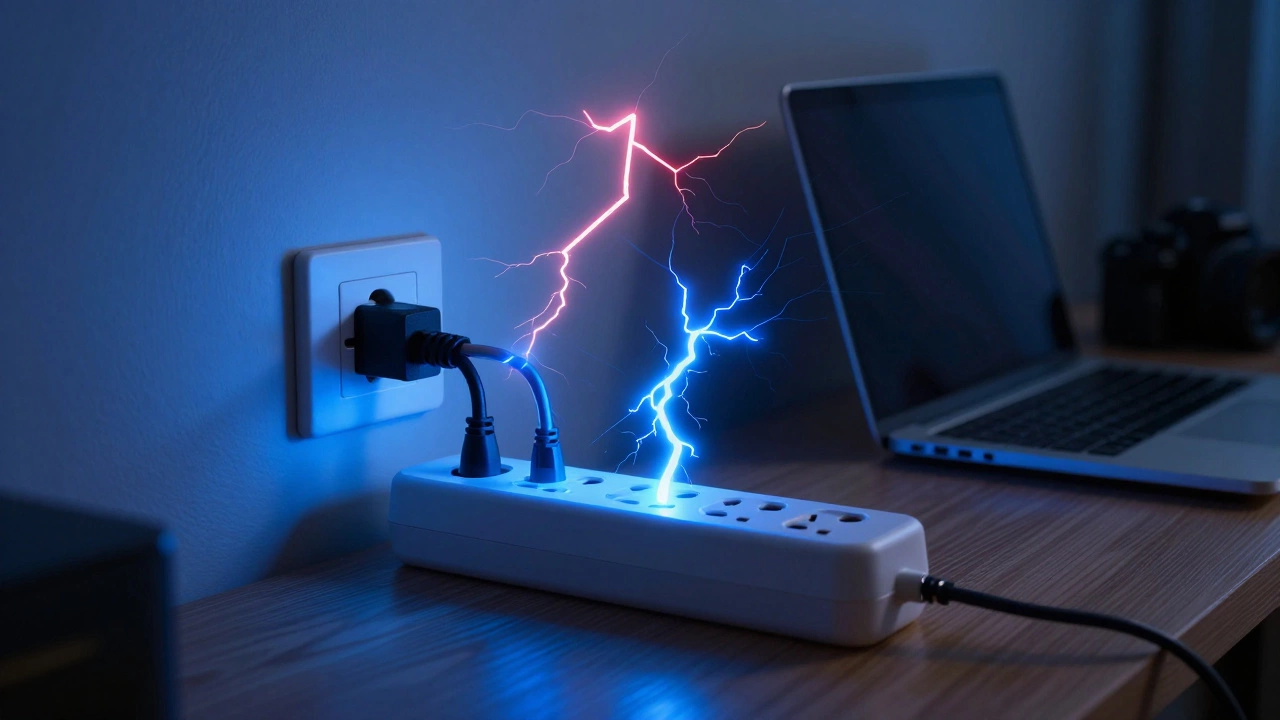 Surge protector power strip shielding electronics from voltage spikes