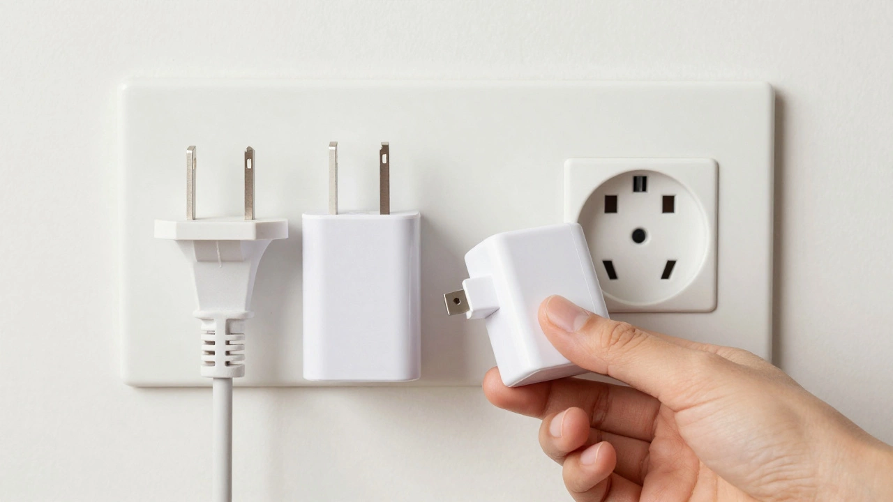 US plug adapter fitting into an Indian Type D wall socket