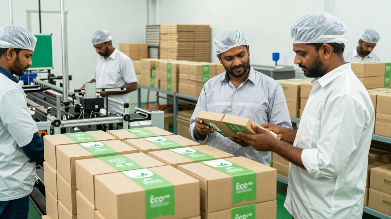 Workers inspecting eco-friendly packaging products in a factory setting