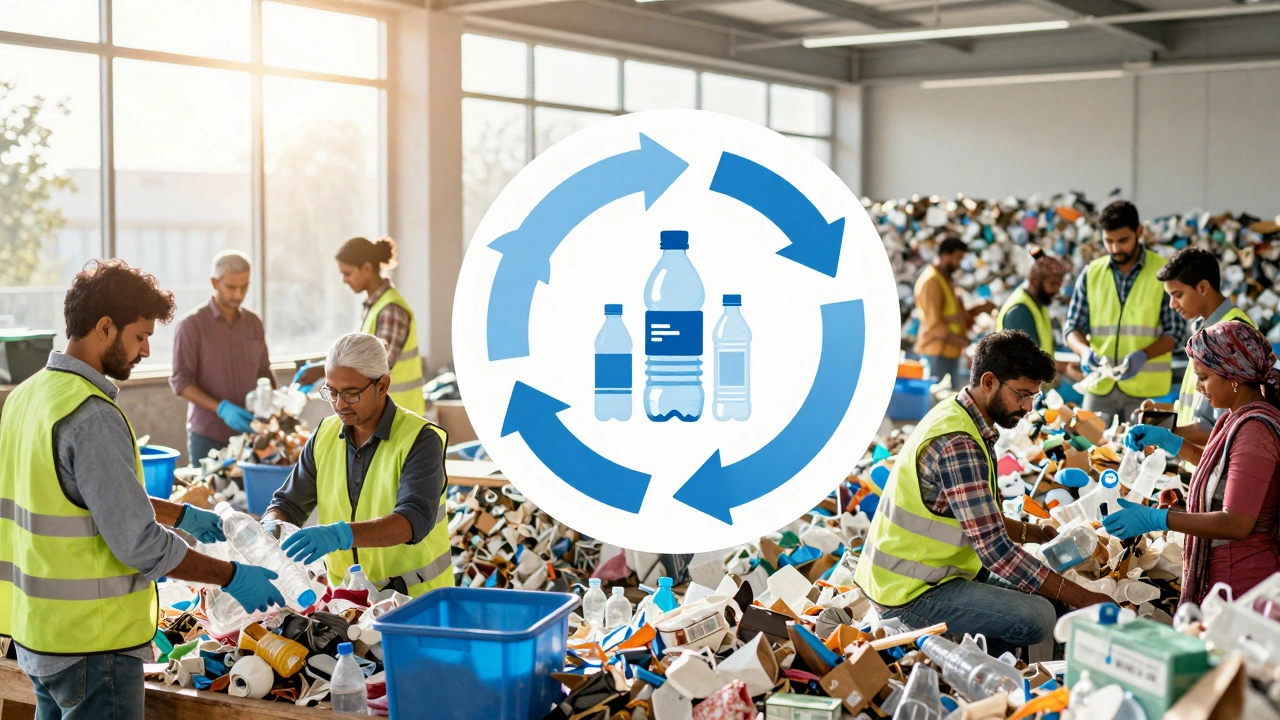 Workers sorting recyclables in a modern facility