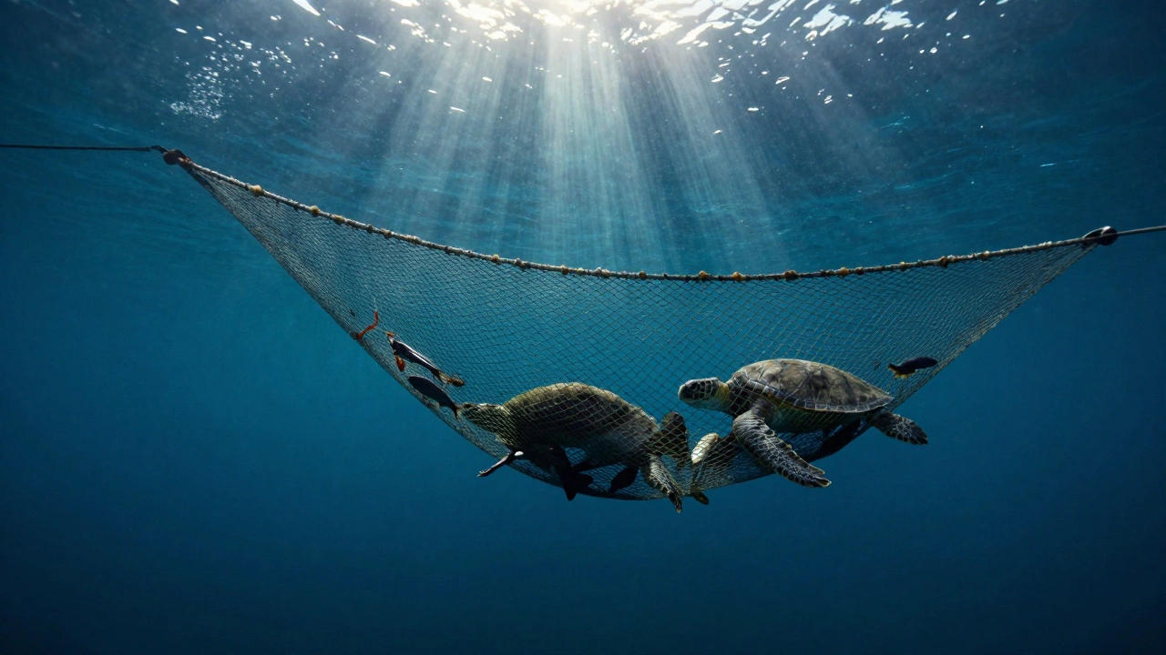 Abandoned fishing net trapping marine life in deep blue ocean water