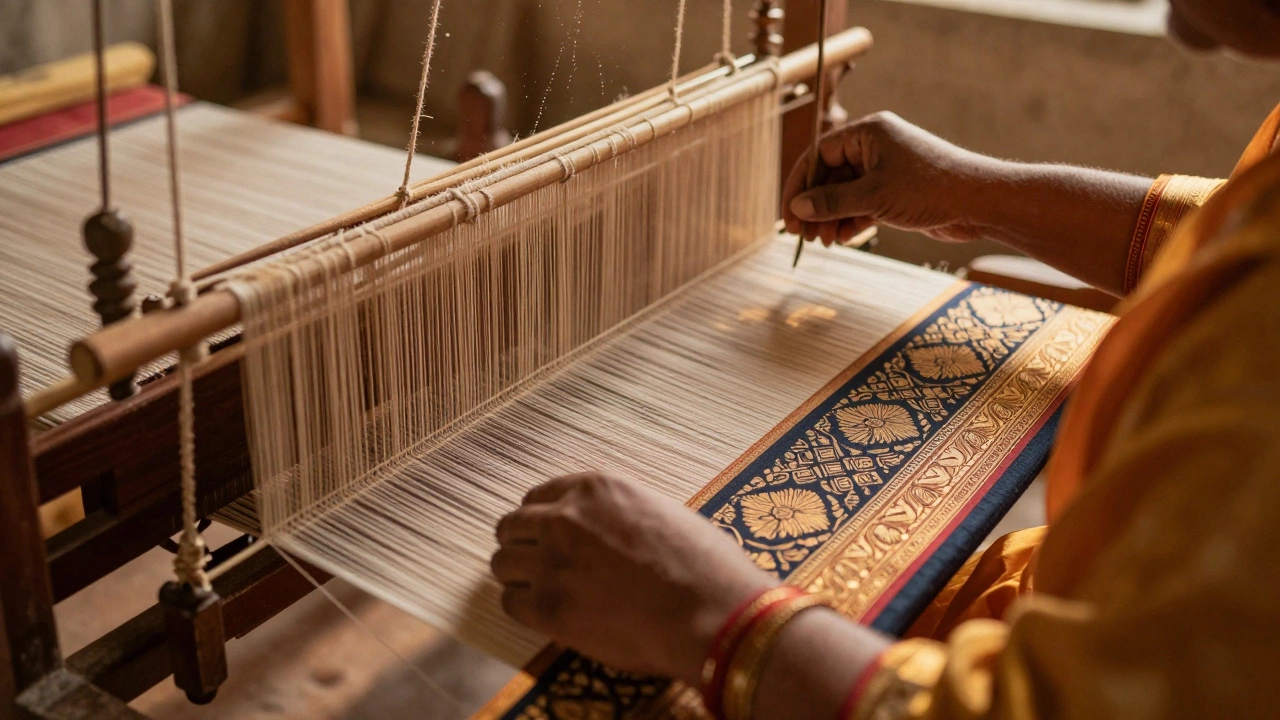 Artisan hands weaving intricate premium handloom saree on traditional loom