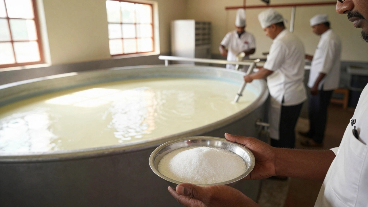 Artisanal cheese workshop showing precise ingredient mixing in India