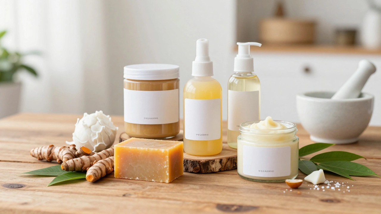 Artisanal organic skincare products with natural ingredients on wood