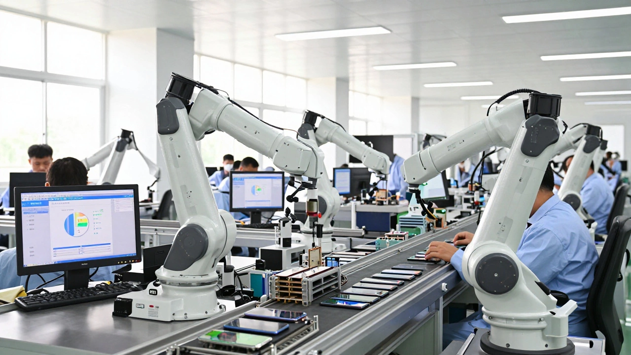 Automated robotic arms assembling smartphones in a modern factory