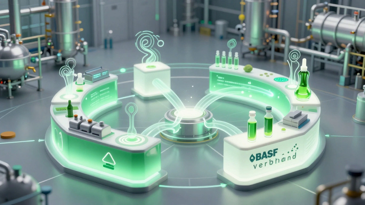 Conceptual art showing efficient interconnected chemical plant processes
