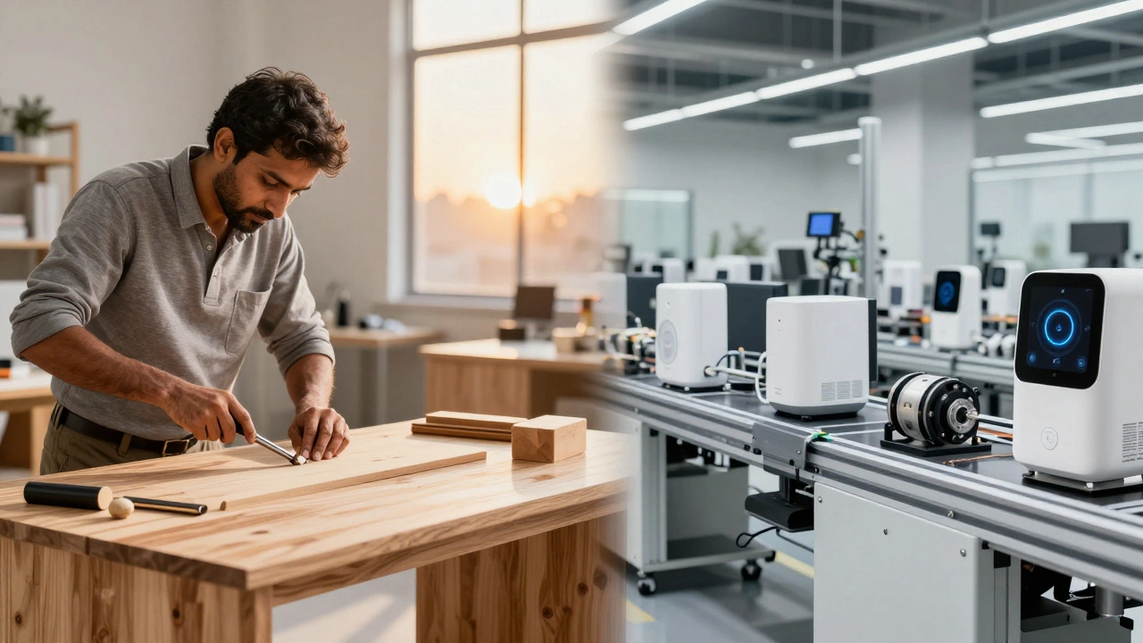 Craftsman making furniture next to automated tech production line