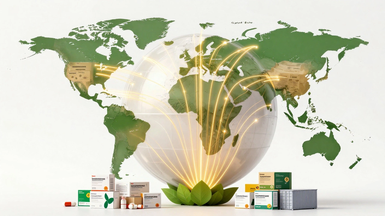 Globe with golden connection lines showing global medicine exports from India