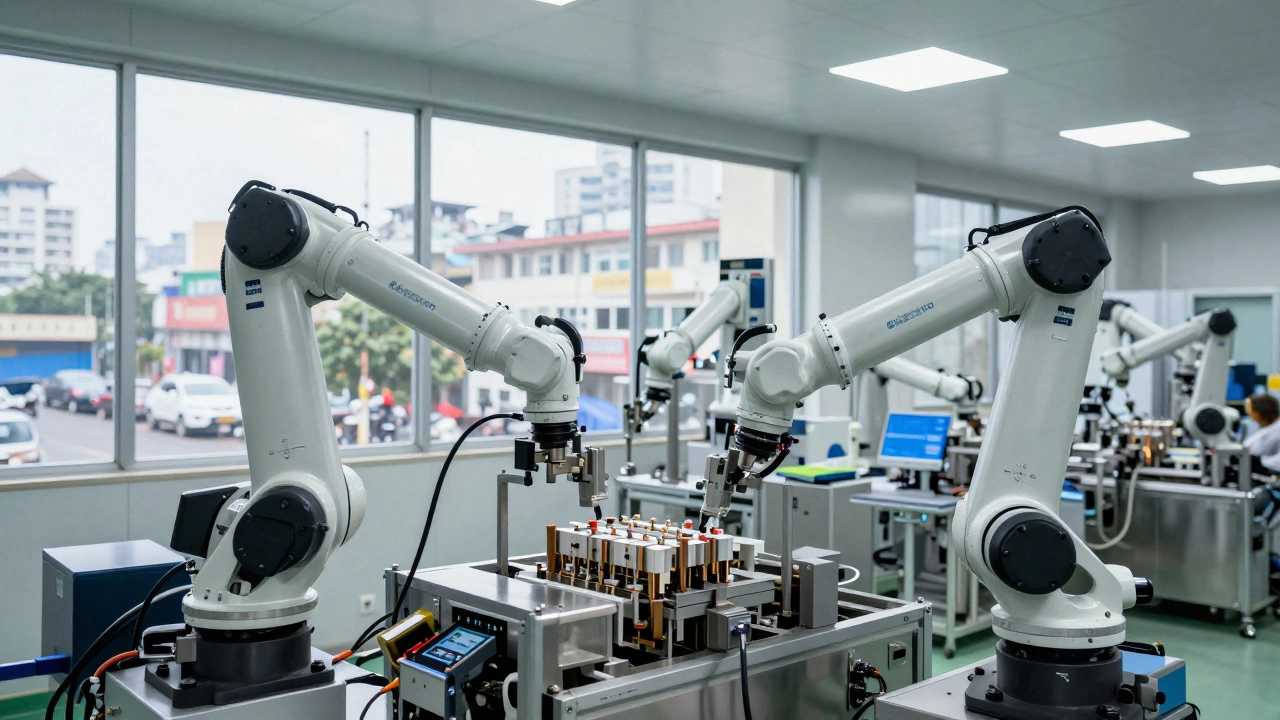 High-tech pharmaceutical manufacturing plant interior with automated machinery