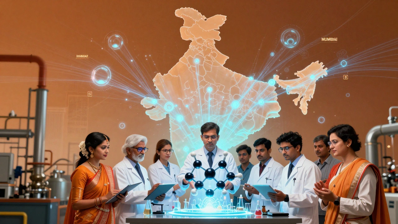Indian engineers collaborating with holographic tech in a modern lab